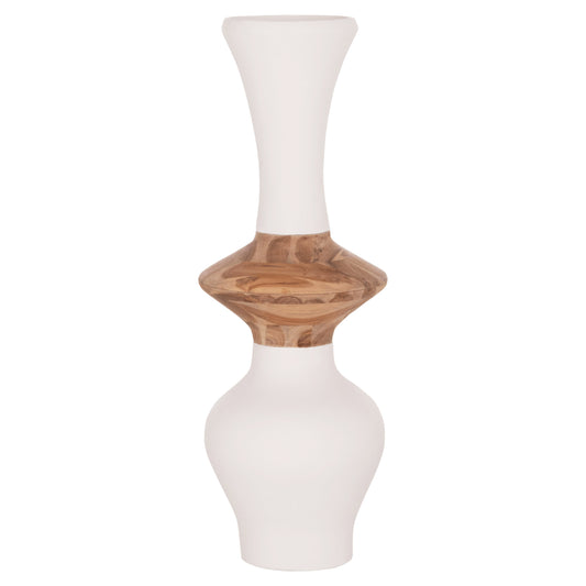DECORATIVE FLOOR VASE NEBULA HM4660.02S FIBER CEMENT IN WHITE--TEAK WOOD Φ45x115Hcm.