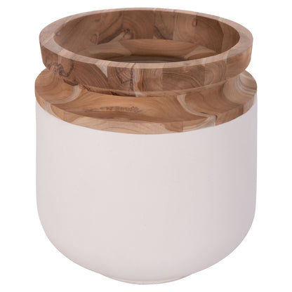 DECORATIVE FLOOR VASE LINTER HM4662.02L FIBER CEMENT IN WHITE--TEAK WOOD Φ41x47Hcm.