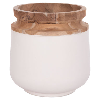 DECORATIVE FLOOR VASE LINTER HM4662.02L FIBER CEMENT IN WHITE--TEAK WOOD Φ41x47Hcm.