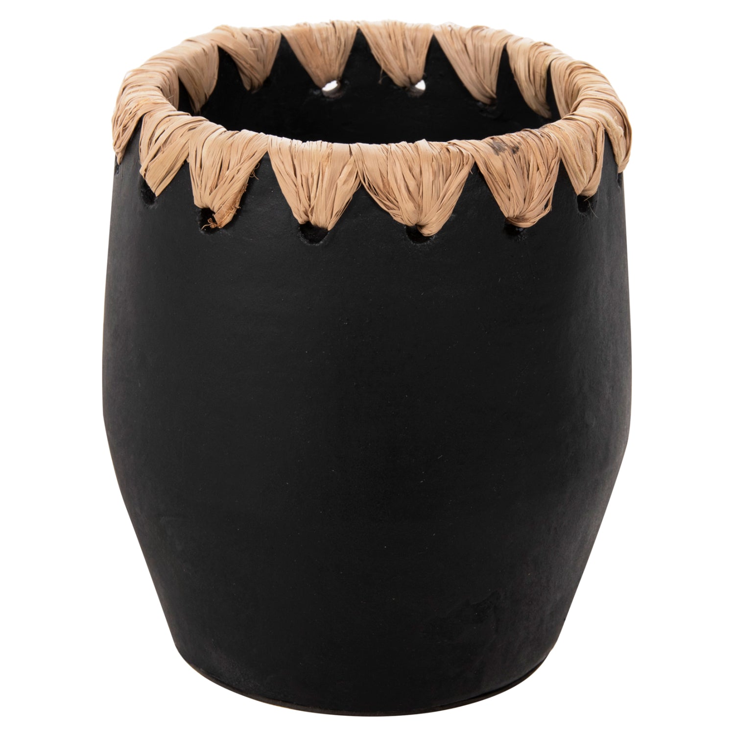 DECORATIVE VASE HM4368 TERRACOTTA IN BLACK WITH STRAW WEAVING ON THE RIM Φ13x16Hcm.