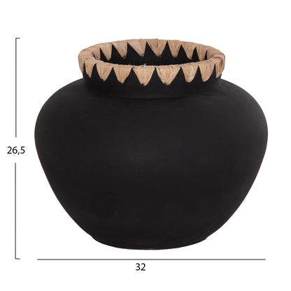 DECORATIVE VASE RENTON(L) HM4370 TERRACOTTA IN BLACK-STRAW WEAVING ON THE RIM Φ32x26.5Hcm.