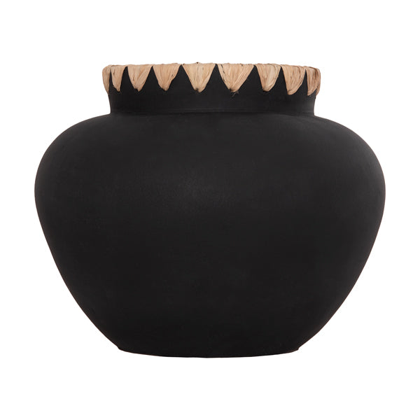 DECORATIVE VASE RENTON(L) HM4370 TERRACOTTA IN BLACK-STRAW WEAVING ON THE RIM Φ32x26.5Hcm.