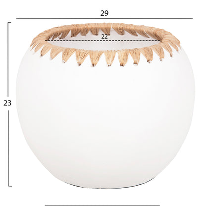 DECORATIVE VASE HM4375 TERRACOTTA IN WHITE WITH STRAW WEAVING ON THE RIM Φ29x23Hcm.
