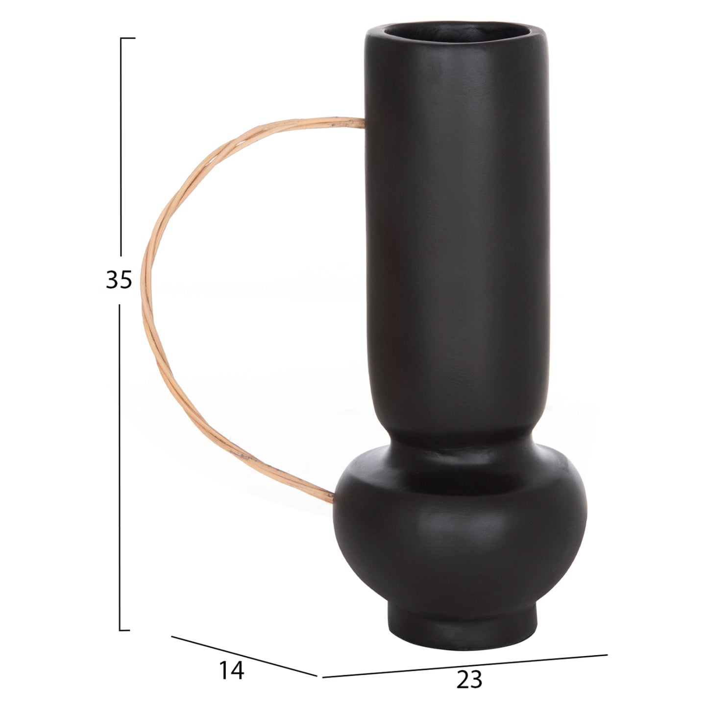 DECORATIVE VASE MIBO HM4688.01L TERRACOTTA IN BLACK--HANDLE NATURAL RATTAN 23x14x35Hcm