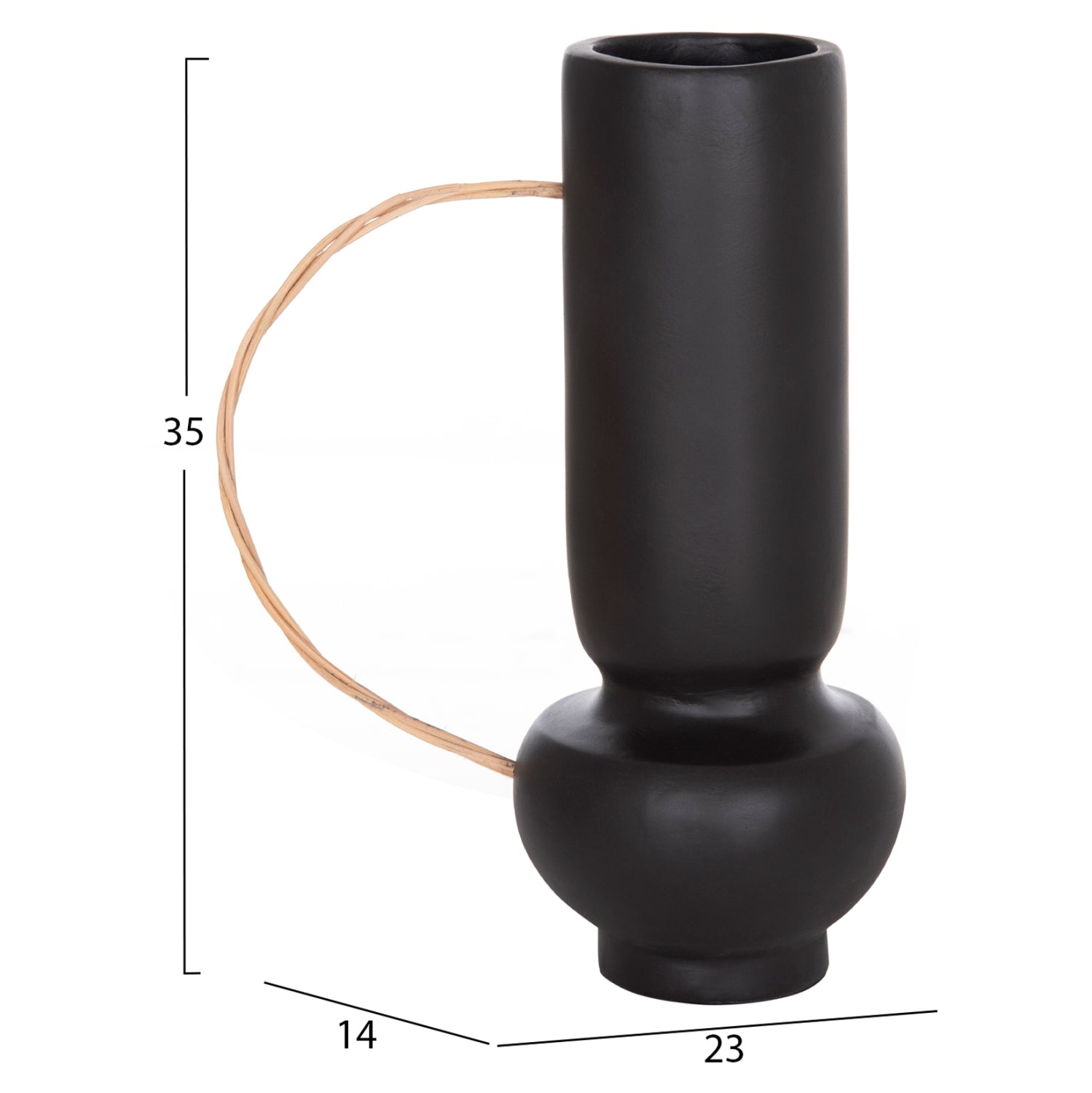 DECORATIVE VASE MIBO HM4688.01L TERRACOTTA IN BLACK--HANDLE NATURAL RATTAN 23x14x35Hcm