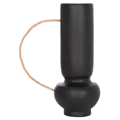 DECORATIVE VASE MIBO HM4688.01L TERRACOTTA IN BLACK--HANDLE NATURAL RATTAN 23x14x35Hcm