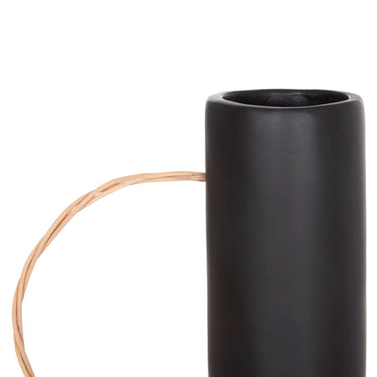 DECORATIVE VASE MIBO HM4688.01L TERRACOTTA IN BLACK--HANDLE NATURAL RATTAN 23x14x35Hcm