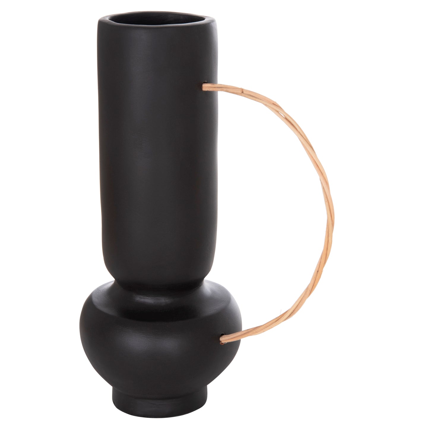 DECORATIVE VASE MIBO HM4688.01L TERRACOTTA IN BLACK--HANDLE NATURAL RATTAN 23x14x35Hcm