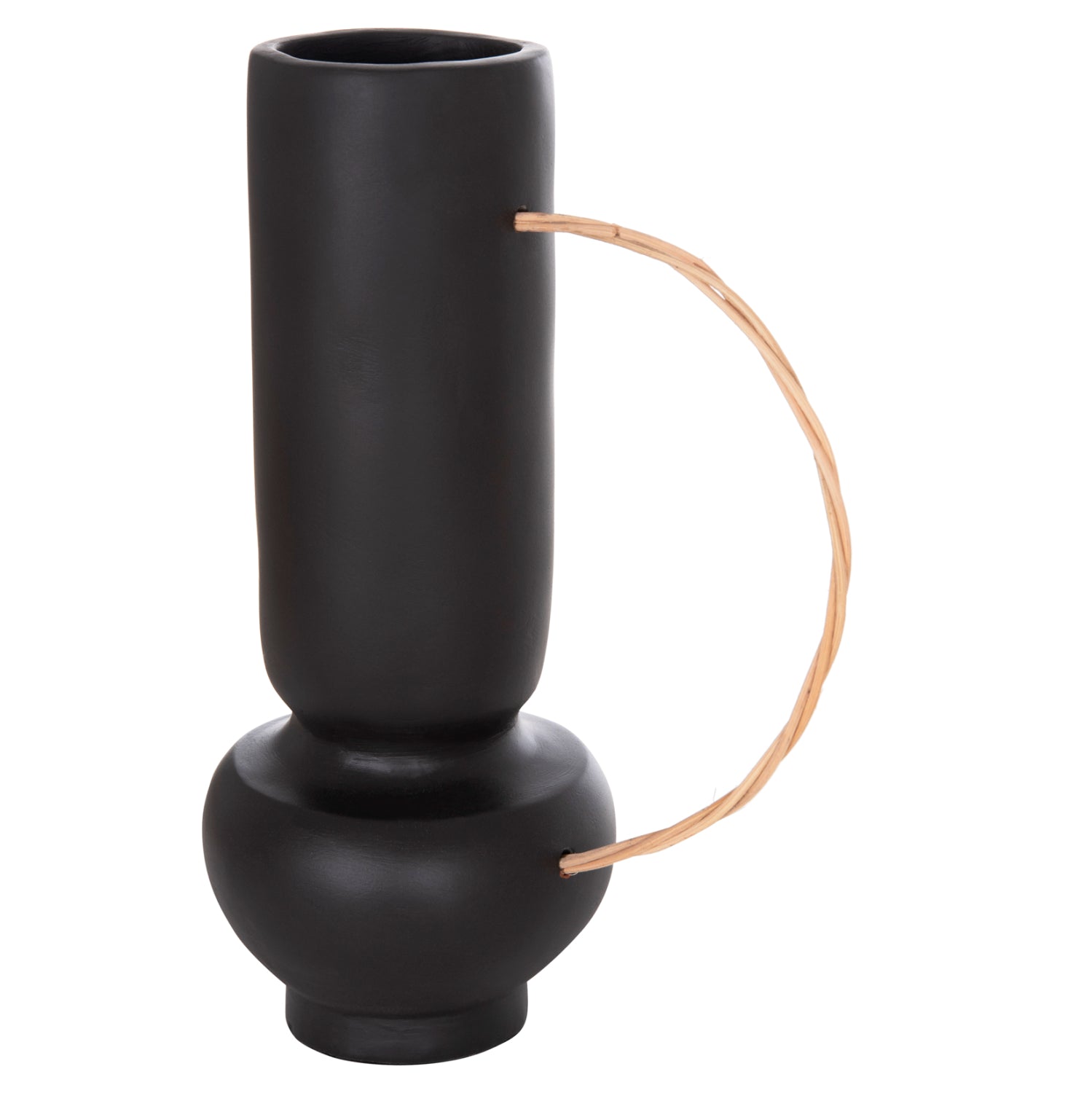DECORATIVE VASE MIBO HM4688.01L TERRACOTTA IN BLACK--HANDLE NATURAL RATTAN 23x14x35Hcm