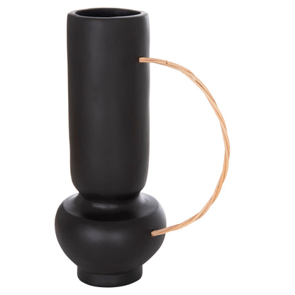 DECORATIVE VASE MIBO HM4688.01L TERRACOTTA IN BLACK--HANDLE NATURAL RATTAN 23x14x35Hcm