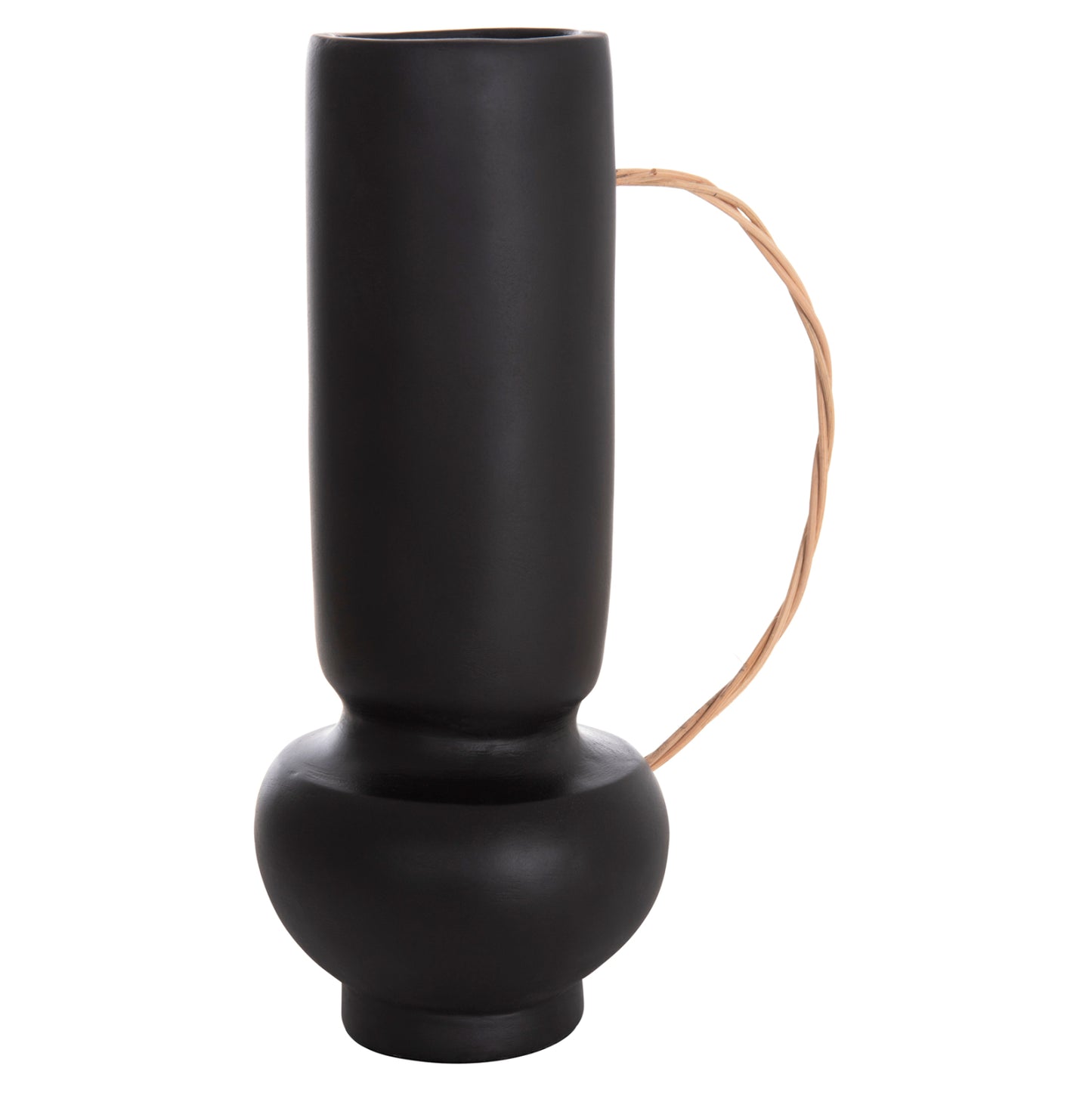 DECORATIVE VASE MIBO HM4688.01L TERRACOTTA IN BLACK--HANDLE NATURAL RATTAN 23x14x35Hcm