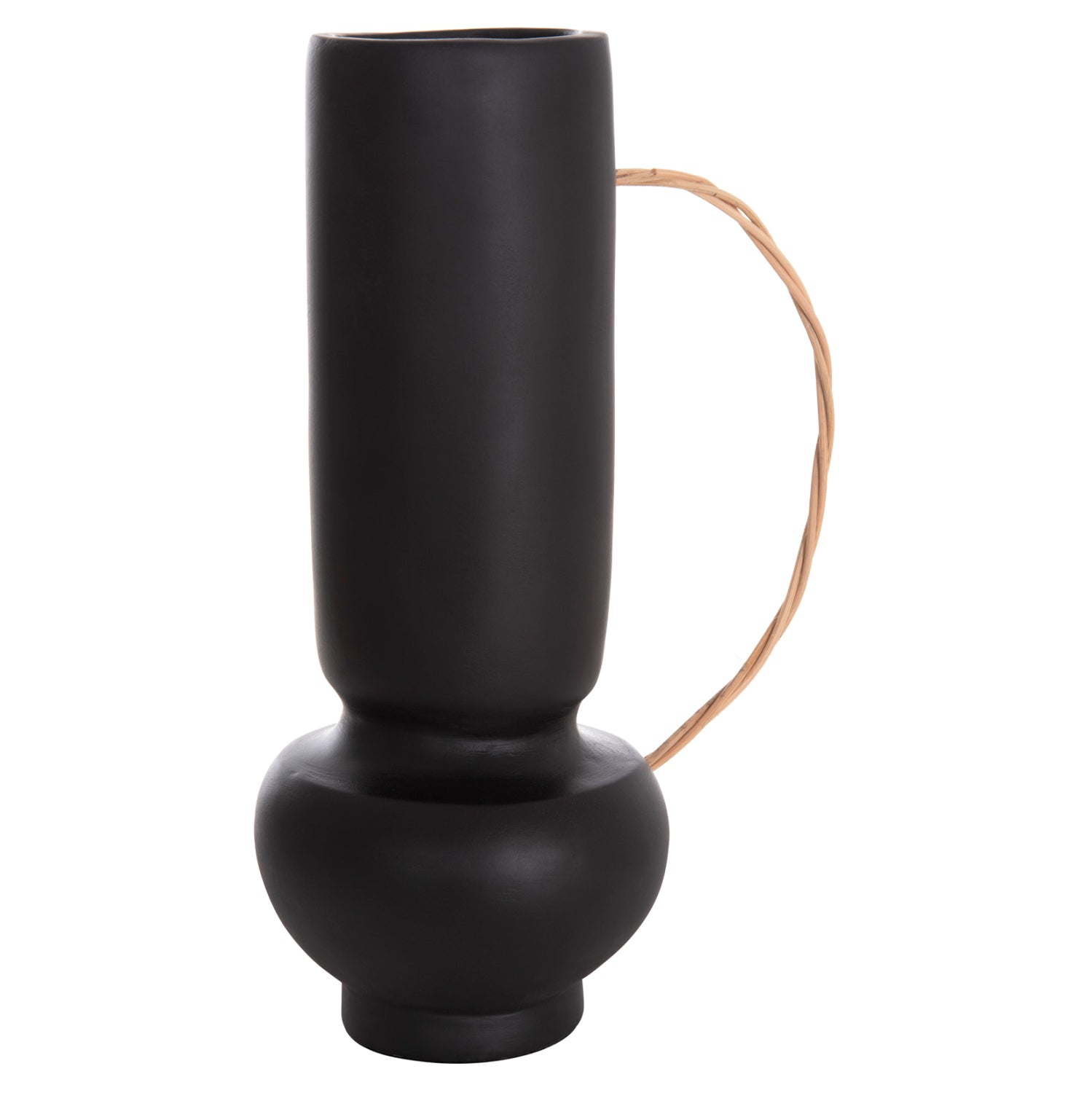DECORATIVE VASE MIBO HM4688.01L TERRACOTTA IN BLACK--HANDLE NATURAL RATTAN 23x14x35Hcm