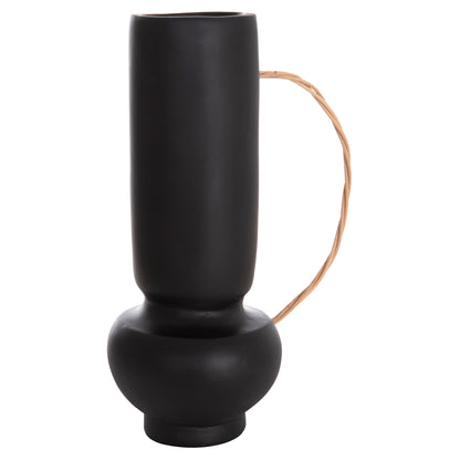 DECORATIVE VASE MIBO HM4688.01L TERRACOTTA IN BLACK--HANDLE NATURAL RATTAN 23x14x35Hcm