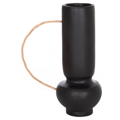 DECORATIVE VASE MIBO HM4688.01L TERRACOTTA IN BLACK--HANDLE NATURAL RATTAN 23x14x35Hcm