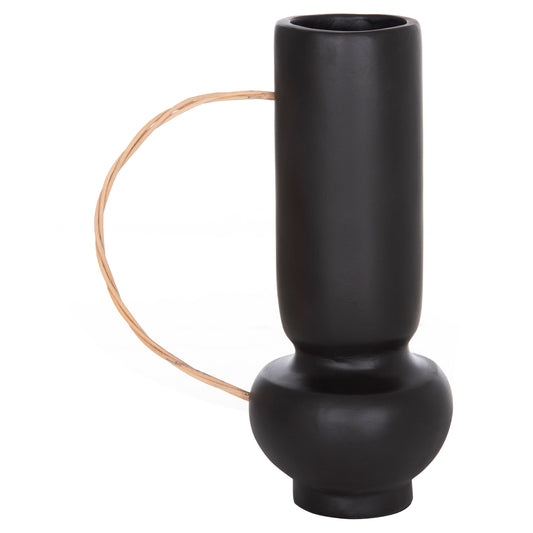 DECORATIVE VASE MIBO HM4688.01L TERRACOTTA IN BLACK--HANDLE NATURAL RATTAN 23x14x35Hcm