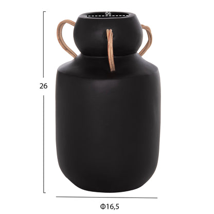 DECORATIVE VASE MIBO HM4688.01M TERRACOTTA IN BLACK--HANDLES NATURAL RATTAN Φ16.5x26Hcm.