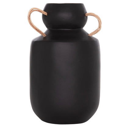 DECORATIVE VASE MIBO HM4688.01M TERRACOTTA IN BLACK--HANDLES NATURAL RATTAN Φ16.5x26Hcm.