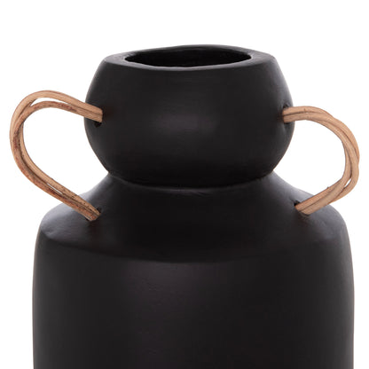 DECORATIVE VASE MIBO HM4688.01M TERRACOTTA IN BLACK--HANDLES NATURAL RATTAN Φ16.5x26Hcm.