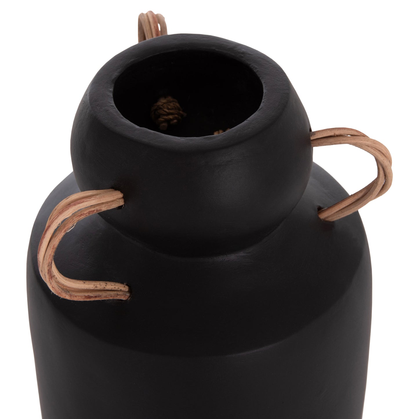 DECORATIVE VASE MIBO HM4688.01M TERRACOTTA IN BLACK--HANDLES NATURAL RATTAN Φ16.5x26Hcm.