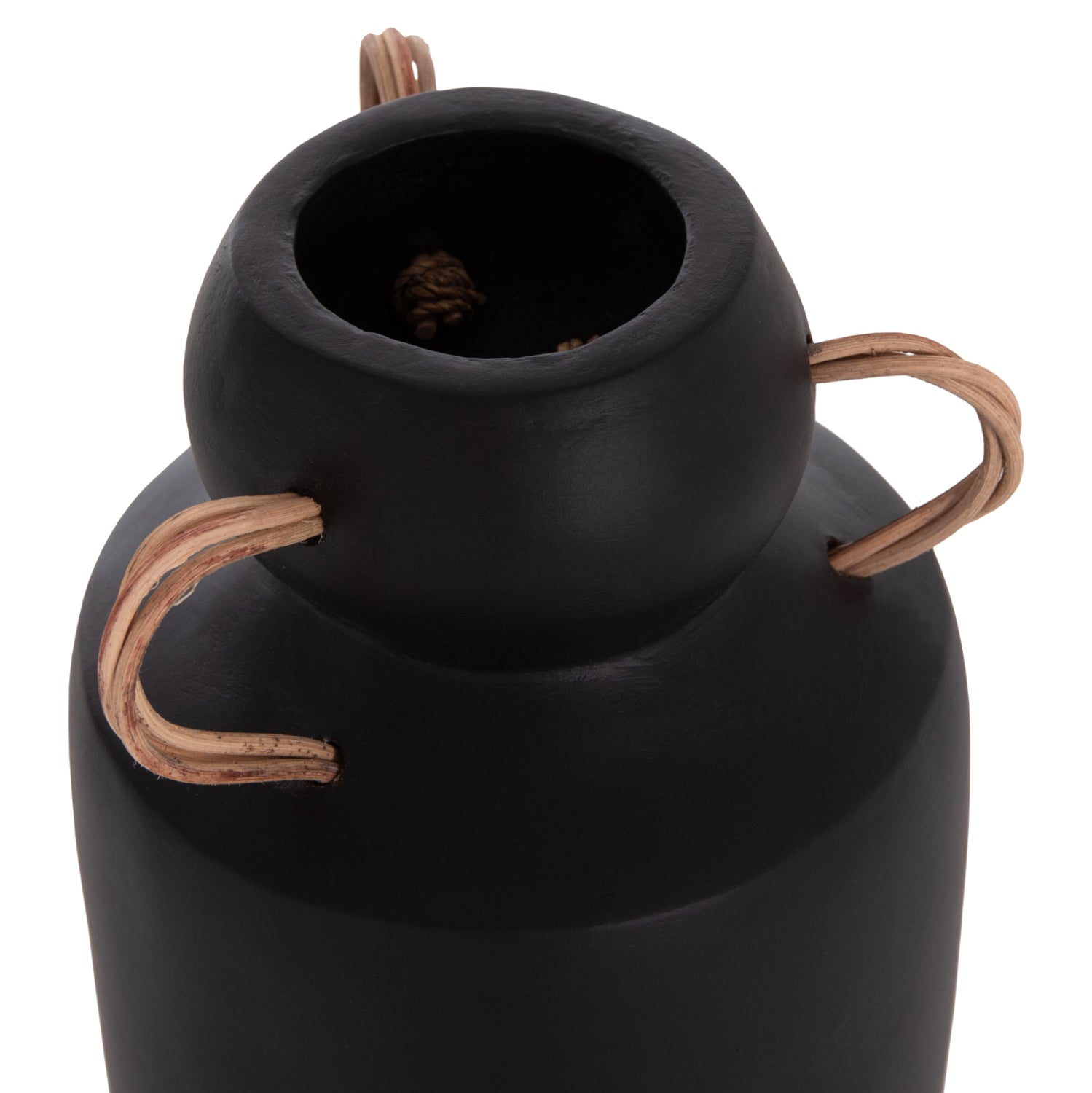 DECORATIVE VASE MIBO HM4688.01M TERRACOTTA IN BLACK--HANDLES NATURAL RATTAN Φ16.5x26Hcm.