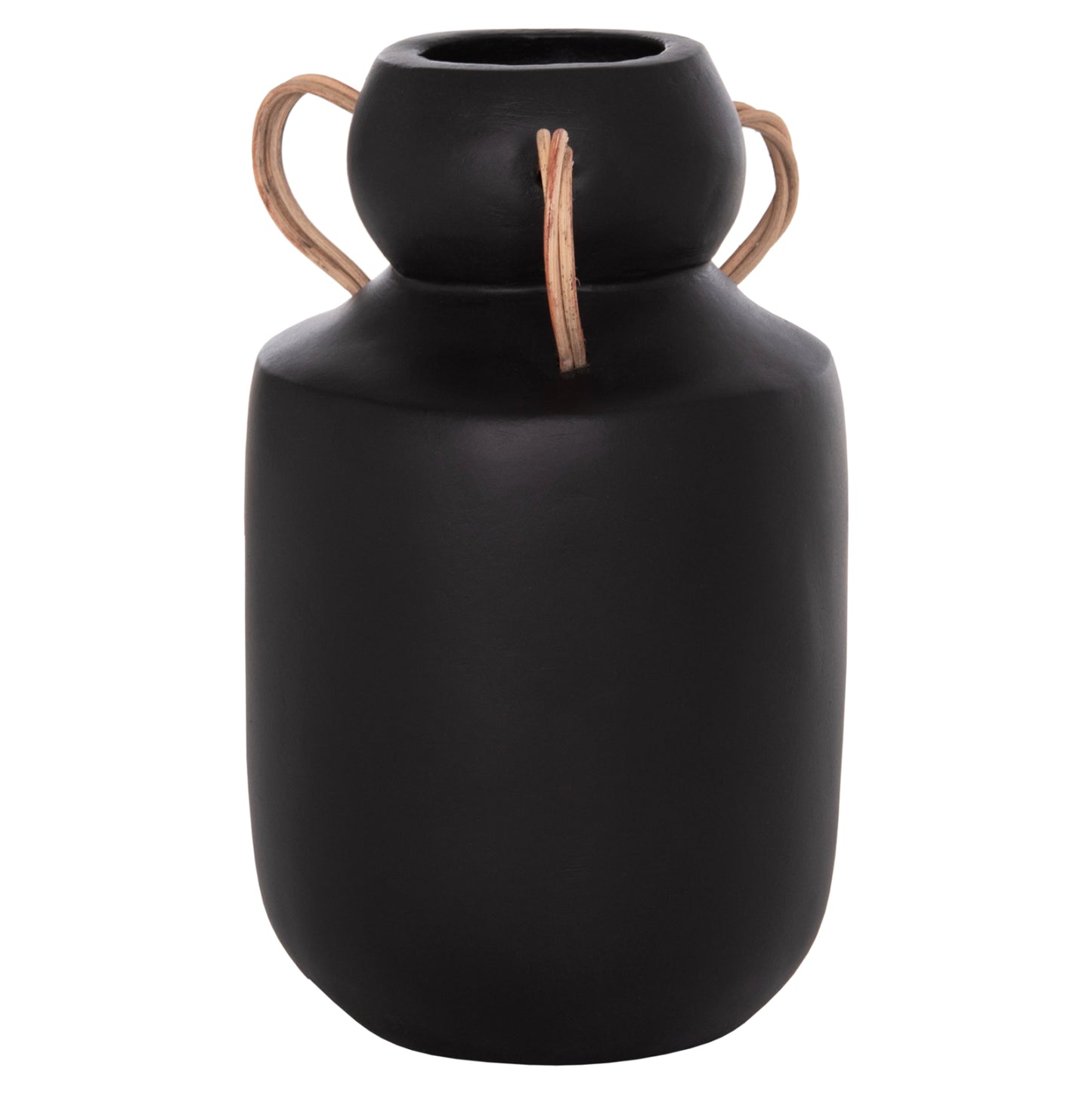 DECORATIVE VASE MIBO HM4688.01M TERRACOTTA IN BLACK--HANDLES NATURAL RATTAN Φ16.5x26Hcm.
