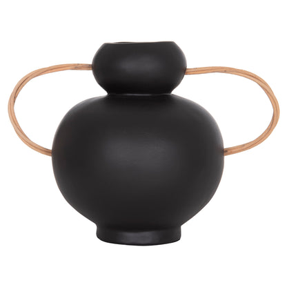 DECORATIVE VASE MIBO HM4688.01S TERRACOTTA IN BLACK--HANDLES NATURAL RATTAN 27x15x20Hcm