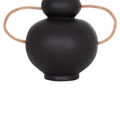 DECORATIVE VASE MIBO HM4688.01S TERRACOTTA IN BLACK--HANDLES NATURAL RATTAN 27x15x20Hcm
