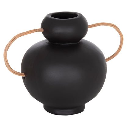 DECORATIVE VASE MIBO HM4688.01S TERRACOTTA IN BLACK--HANDLES NATURAL RATTAN 27x15x20Hcm