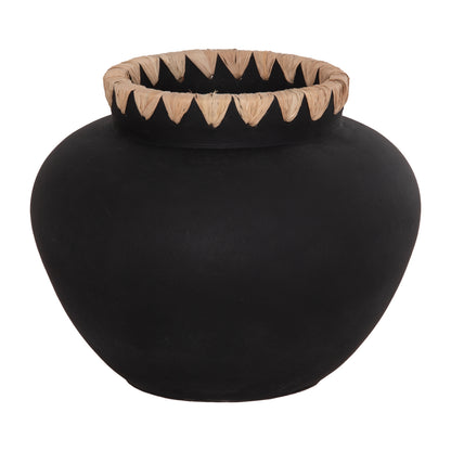 DECORATIVE VASE RENTON(M) HM4732 TERRACOTTA IN BLACK-STRAW WEAVING ON THE RIM Φ28x23Hcm.