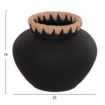 DECORATIVE VASE RENTON(S) HM4733 TERRACOTTA IN BLACK-STRAW WEAVING ON THE RIM Φ23x19Hcm.