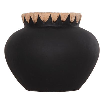 DECORATIVE VASE RENTON(S) HM4733 TERRACOTTA IN BLACK-STRAW WEAVING ON THE RIM Φ23x19Hcm.
