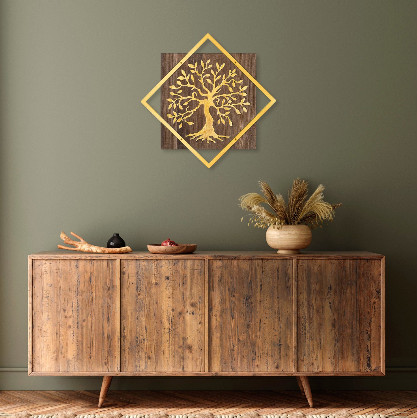 WALL DECORATION TREE FIGURE HM4752-METAL IN GOLD-WOOD 54x3(thickness)x54Hcm.