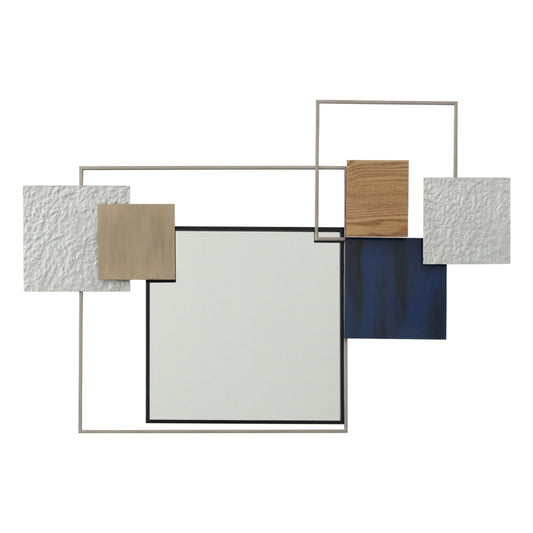 WALL DECOR HM7563 METAL MIRROR WITH SQUARE SHAPES OF VARIOUS COLORS AROUND IT- WHITE, OFF WHITE, BEIGE, BLUE, GREY