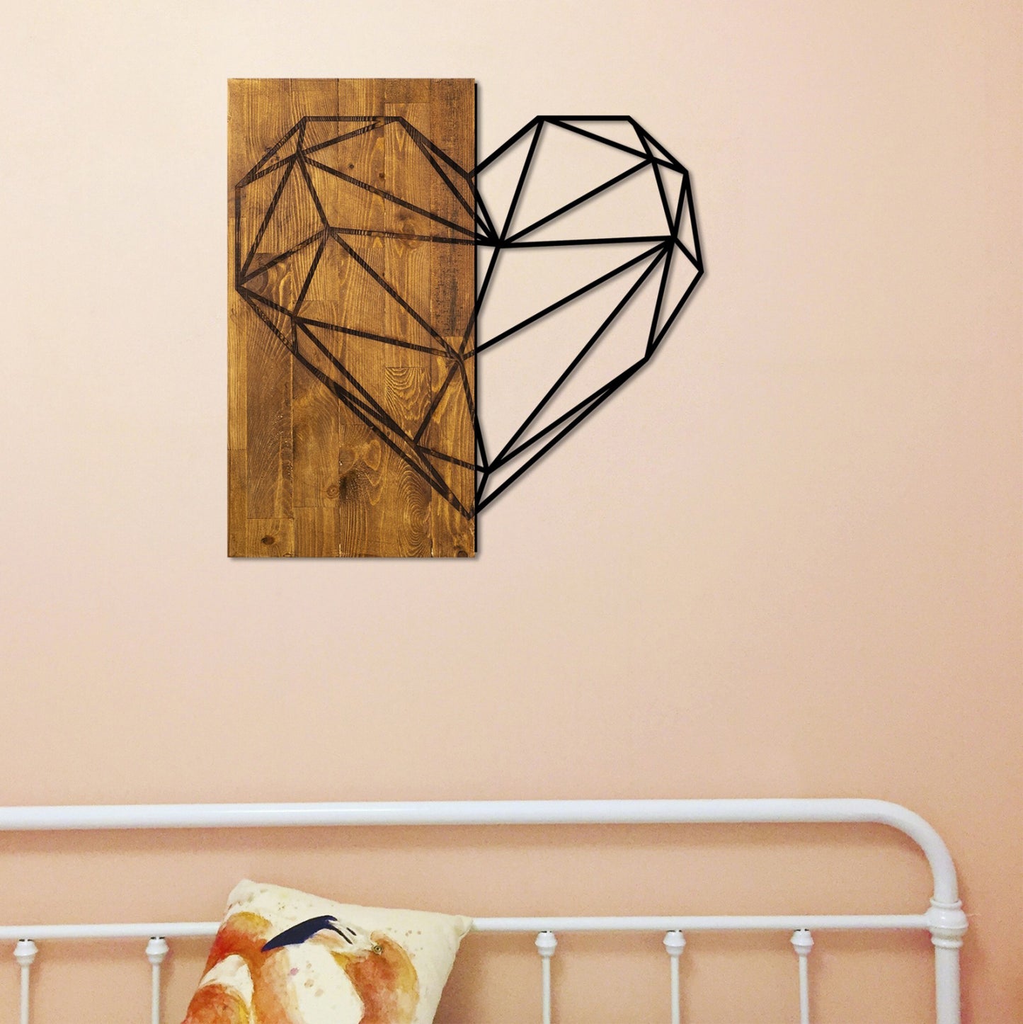 Wooden Wall Decoration with Black Metal Heart HM7219 58x58 cm.