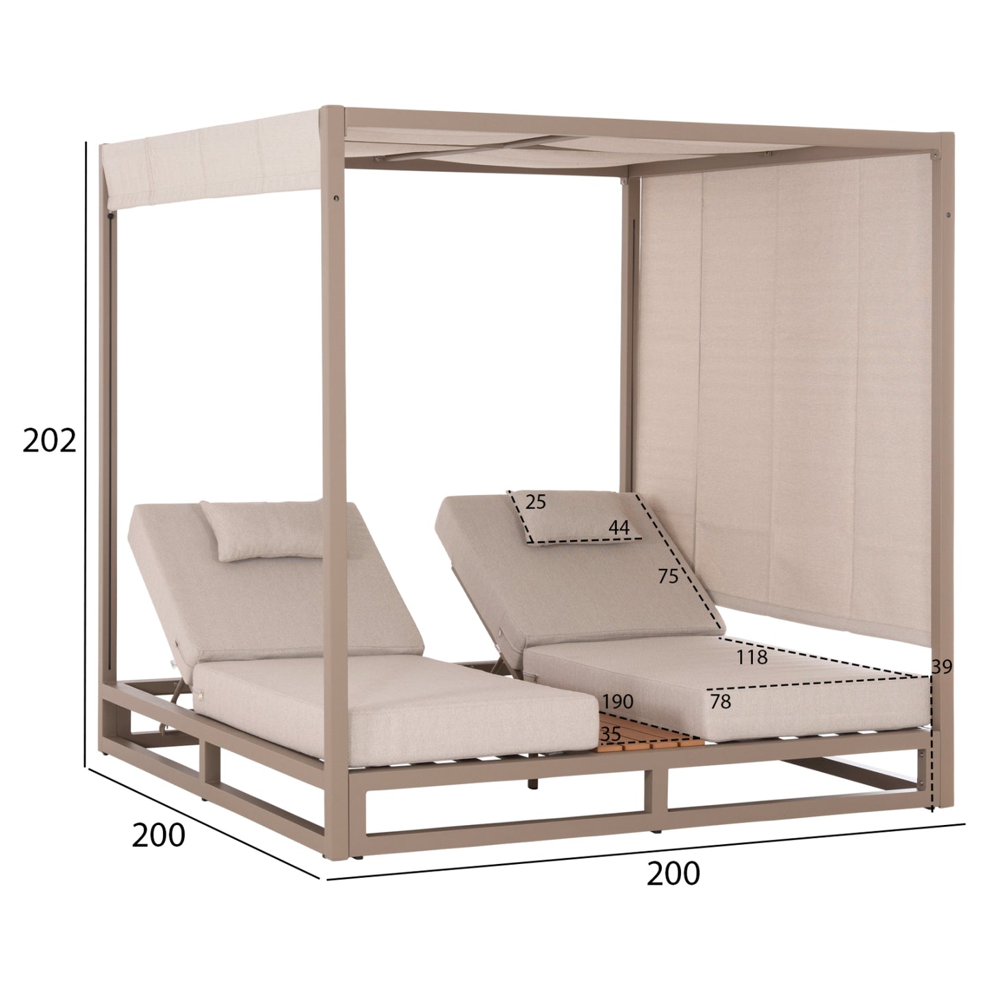 DOUBLE LOUNGE SUNBEDS WITH SUNSHADES GALLANT HM6097.04 ALUMINUM IN CAPPUCCINO 2x2x2m