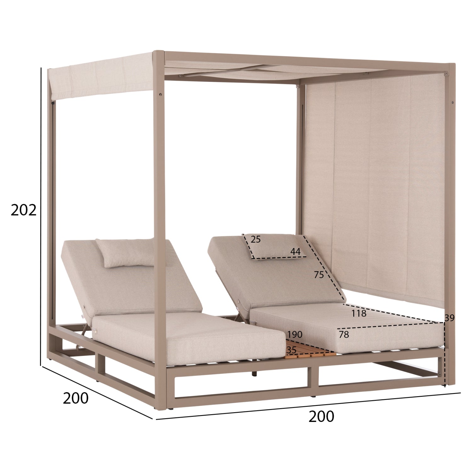 DOUBLE LOUNGE SUNBEDS WITH SUNSHADES GALLANT HM6097.04 ALUMINUM IN CAPPUCCINO 2x2x2m