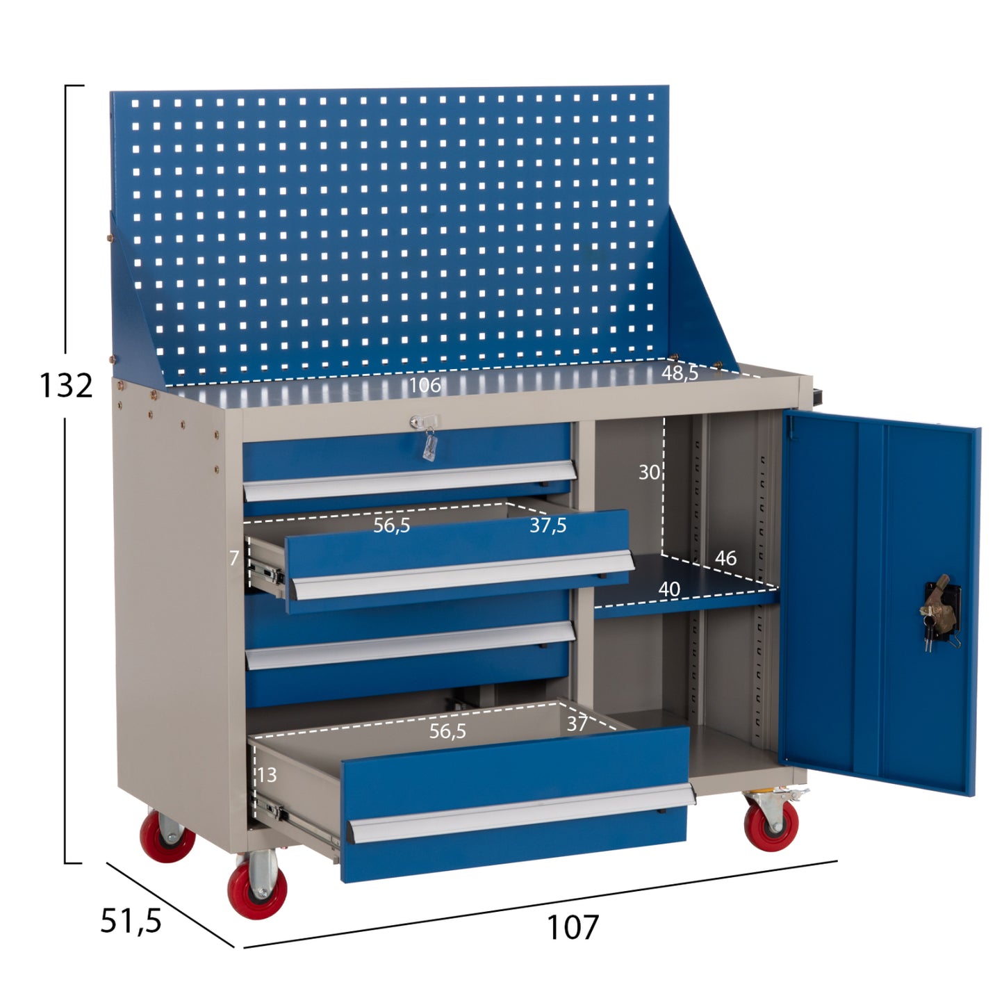 PROFESSIONAL TOOL CHEST HEAVY DUTY BRUTE HM6638 METALLIC IN BLUE/WHITE 107x51.5x132Hcm.
