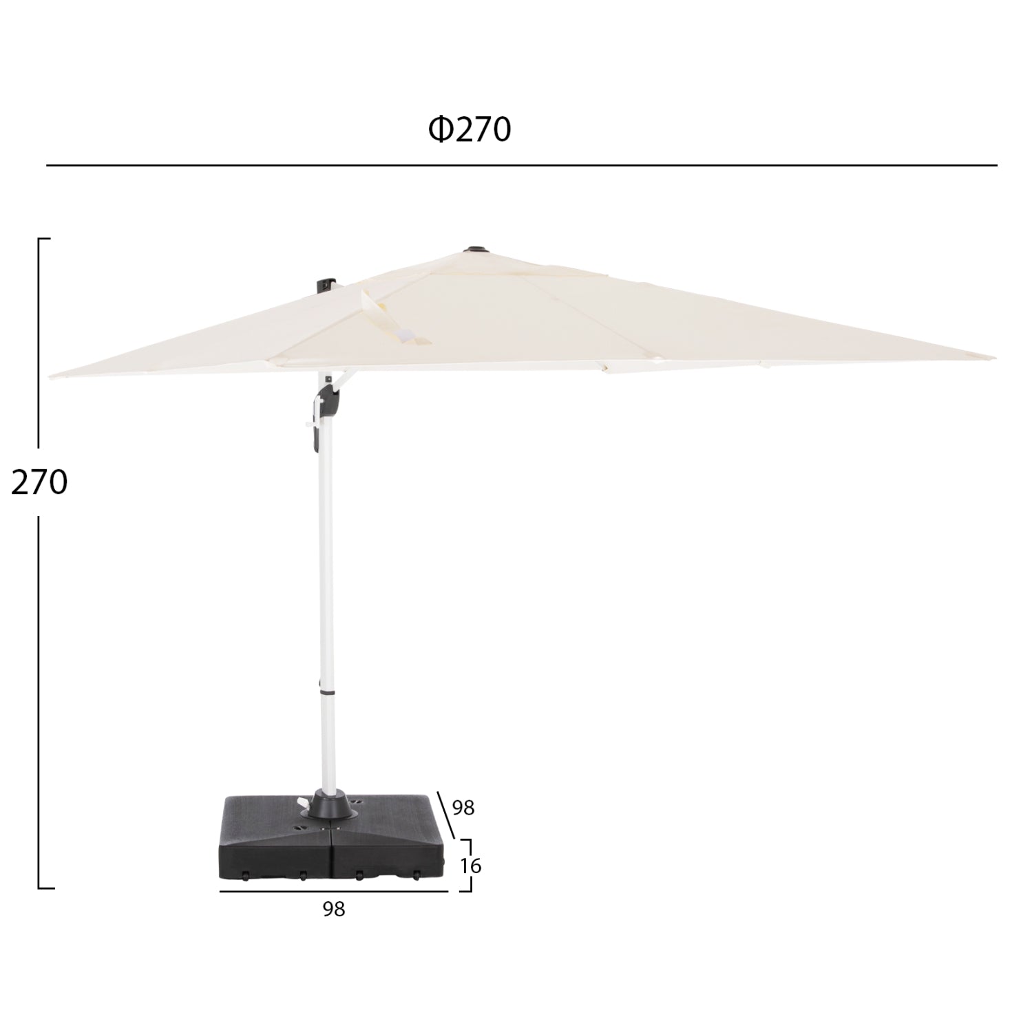 PROFESSIONAL UMBRELLA 2.7x2.7m WITH WATER BASE JAVANTE HM10857.02 WHITE ALUM. & SHADE