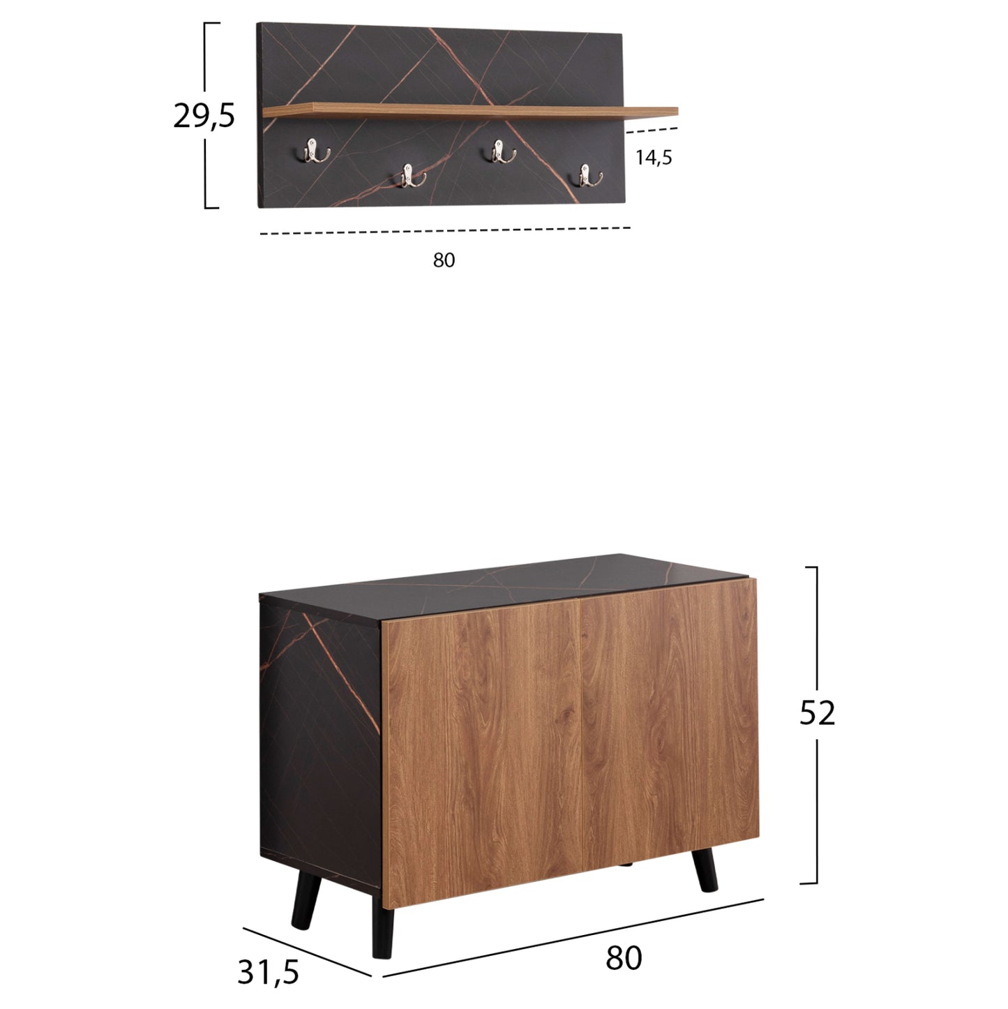 ENTRYWAY FURNITURE SET DELPHINE HM8876.12 MELAMINE IN BLACK MARBLE-NATURAL WOOD 80x31.5x52Hcm.