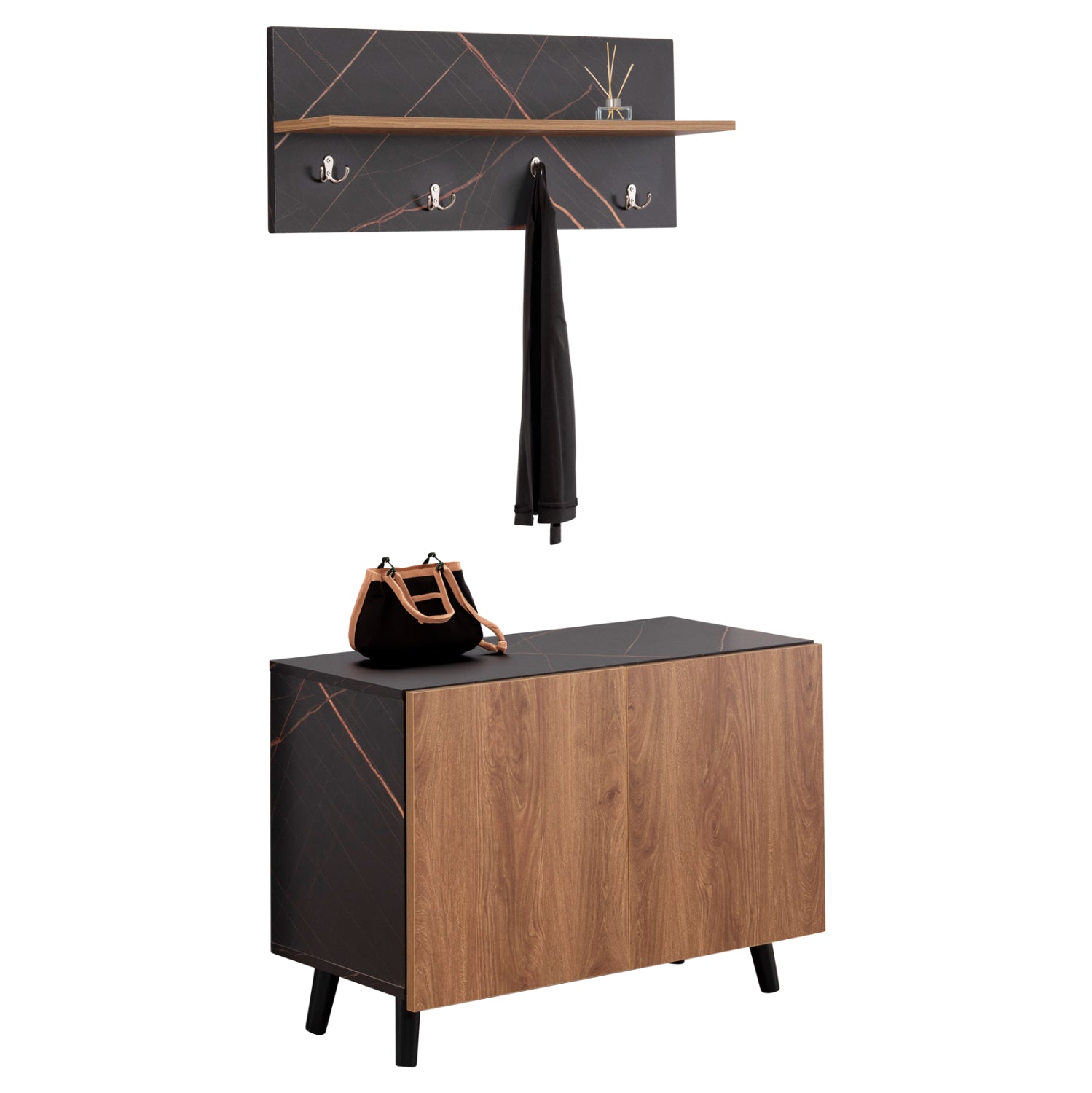 ENTRYWAY FURNITURE SET DELPHINE HM8876.12 MELAMINE IN BLACK MARBLE-NATURAL WOOD 80x31.5x52Hcm.