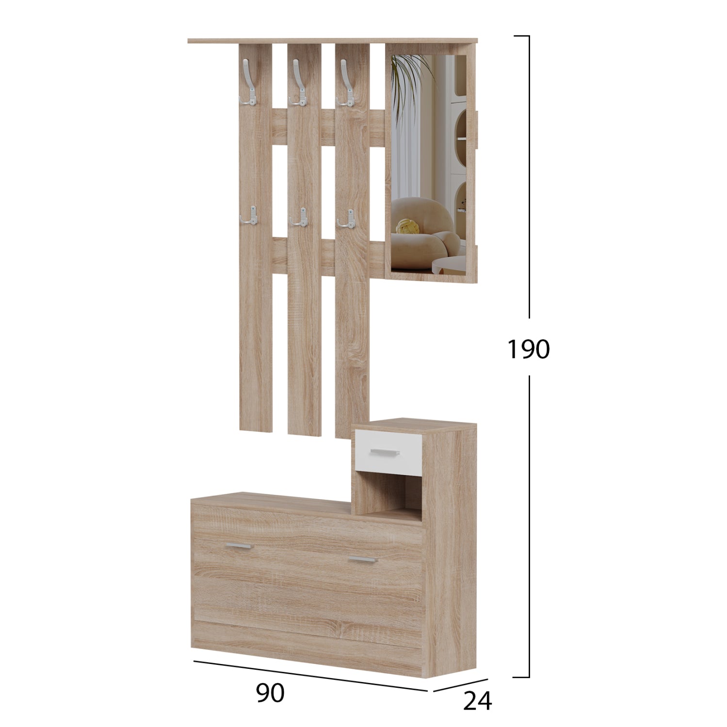 ENTRYWAY SET WITH MIRROR GORN HM2473.04 MELAMINE IN SONAMA-WHITE 90x24x190Hcm.