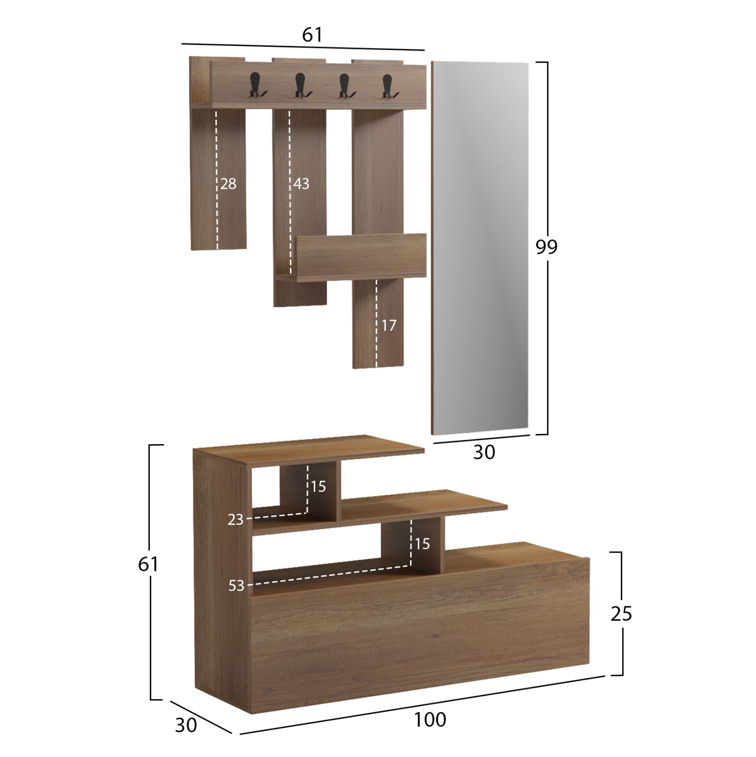ENTRANCE FURNITURE WITH WALL MIRROR MEZZO HM18380.01 MELAMINE IN NATURAL 100x30x61Hcm