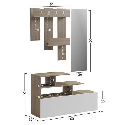 ENTRANCE FURNITURE WITH WALL MIRROR MEZZO HM18380.11 MELAMINE IN SONAMA/WHITE 100x30x61Hcm