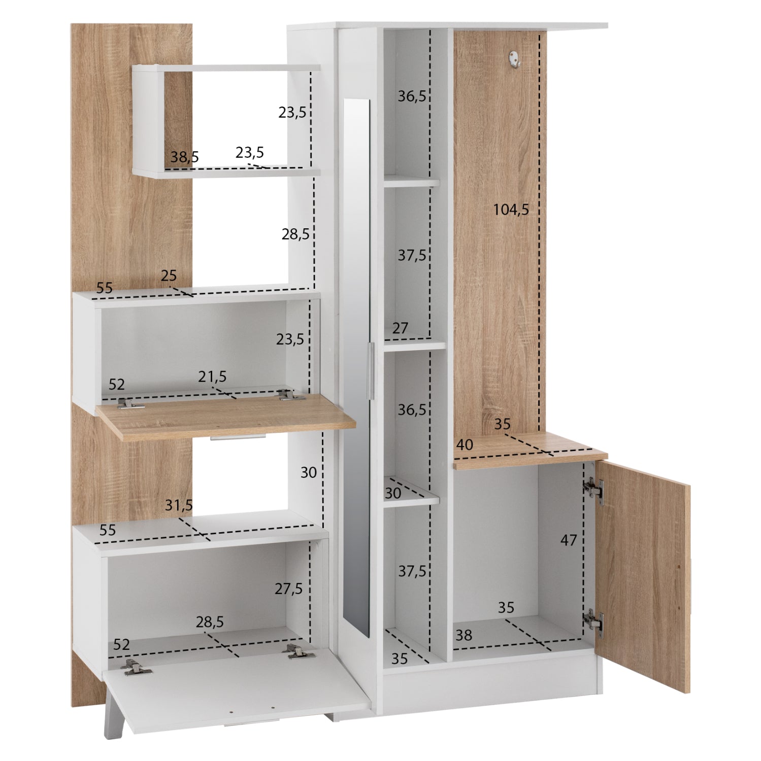ENTRANCE FURNITURE WITH SHELVES AND MIRROR HM2265 WHITE-SONAMA 125,5x37,5x166,5cm