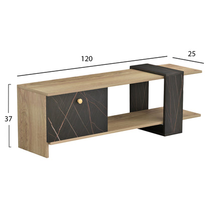 TV FURNITURE HENRIETTE HM8900.12 MELAMINE IN NATURAL-BLACK MARBLE 120x28.5x37,5Hcm.