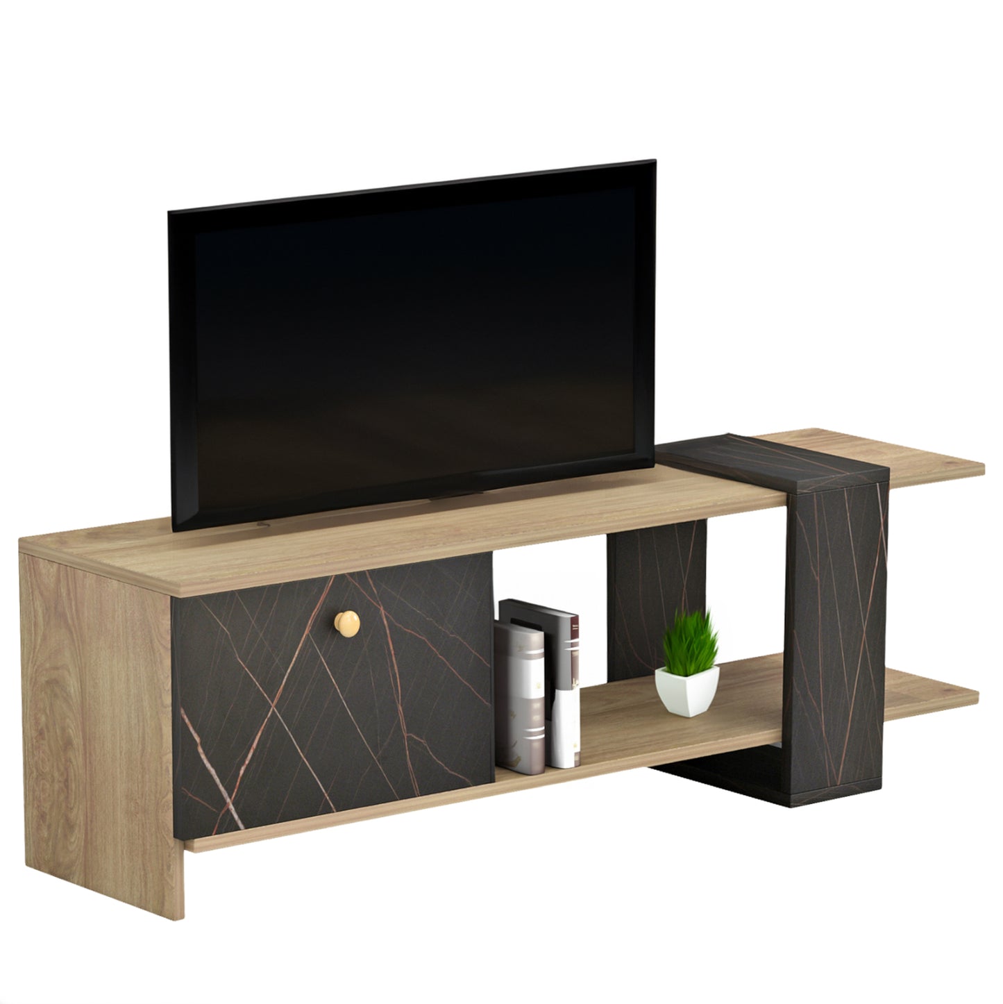 TV FURNITURE HENRIETTE HM8900.12 MELAMINE IN NATURAL-BLACK MARBLE 120x28.5x37,5Hcm.