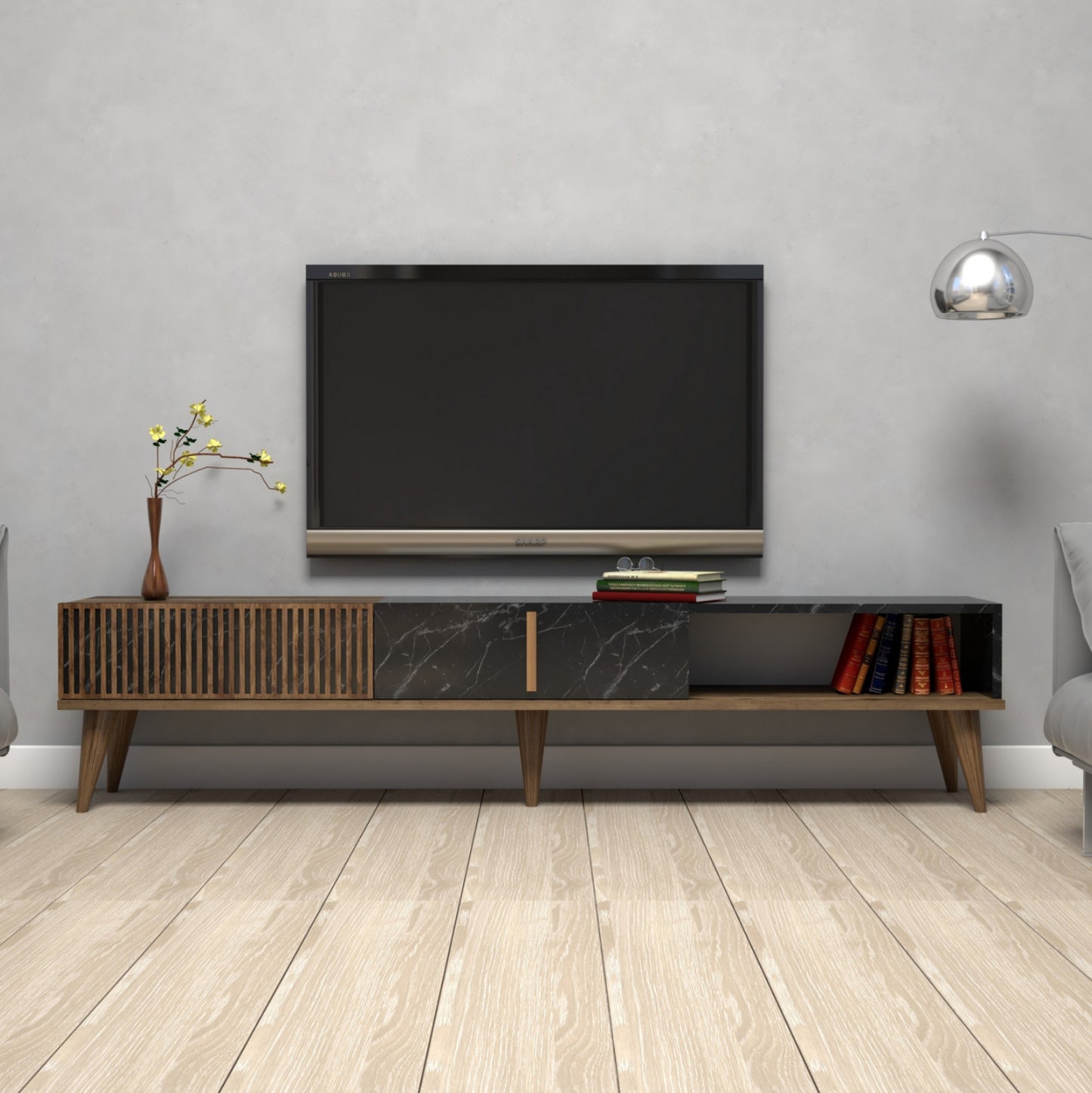 TV STAND HM9512.02 MELAMINE WALNUT AND BLACK MARBLE-LOOK 180x35x40Hcm.