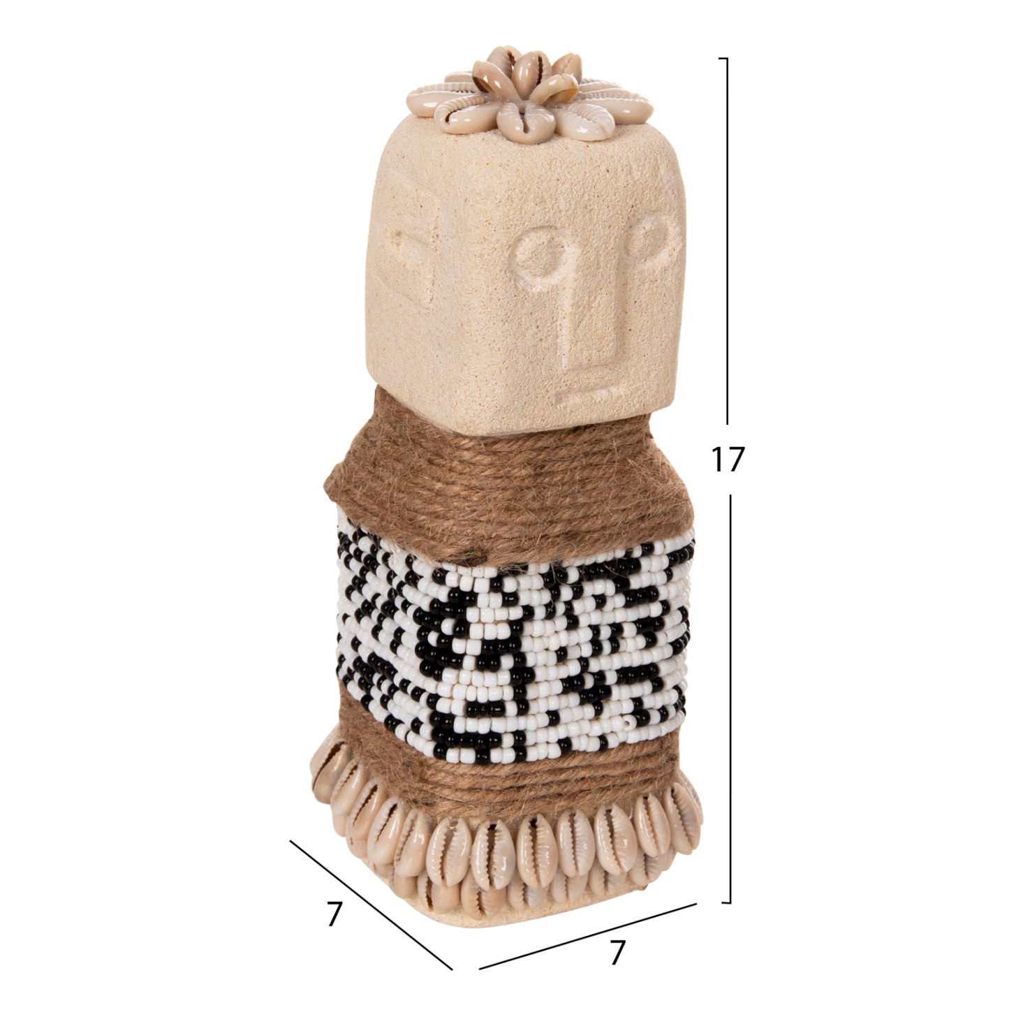 TABLE STATUETTE SUMBA HM4309 MADE OF WHITE PARAS STONE-BEADS-SEAGRASS ROPE 7x7x17Hcm.