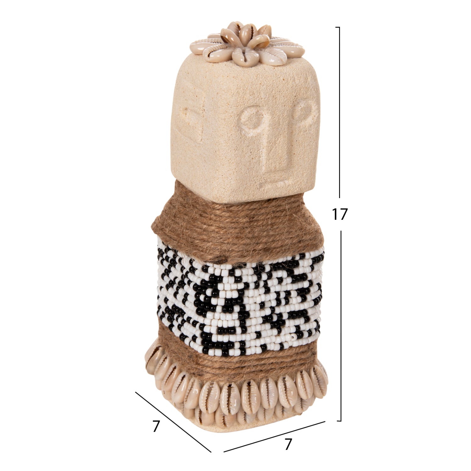 TABLE STATUETTE SUMBA HM4309 MADE OF WHITE PARAS STONE-BEADS-SEAGRASS ROPE 7x7x17Hcm.