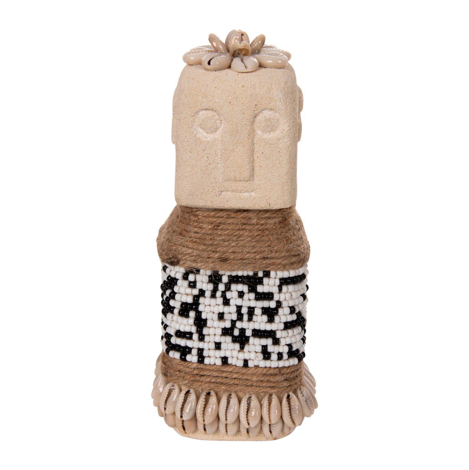 TABLE STATUETTE SUMBA HM4309 MADE OF WHITE PARAS STONE-BEADS-SEAGRASS ROPE 7x7x17Hcm.